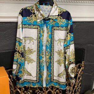 Fashion Nova Gold and Blue Patterned Shirt